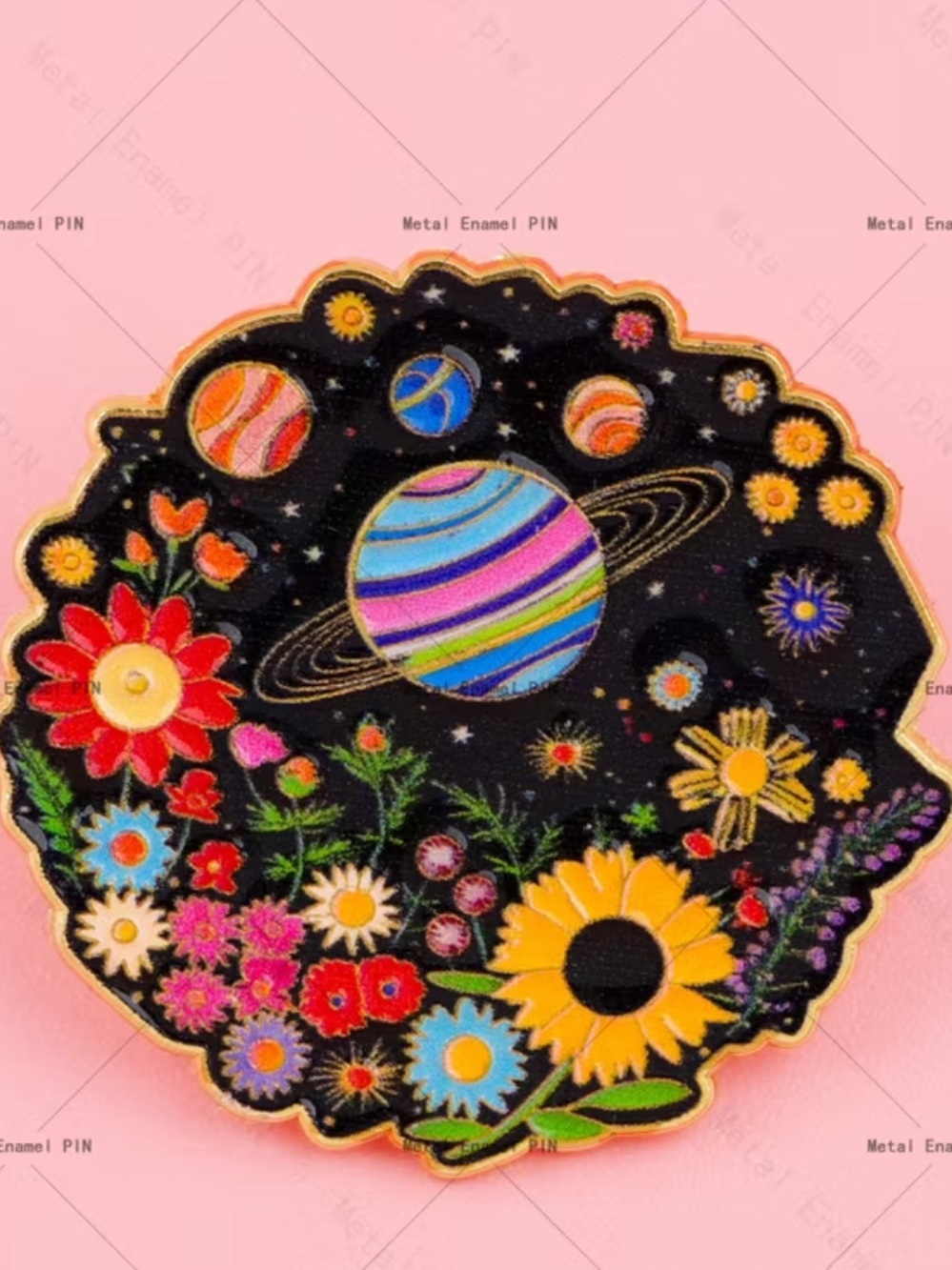 Floral Solar System Enamel Pin - Colorful Planets & Flowers